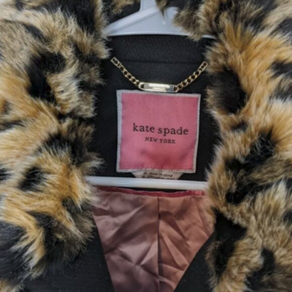 Kate Spade New York Leopard Collar Wool Trench Coat, Black, Women's M - Picture 2 of 3